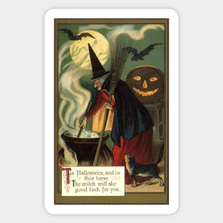 Vintage Halloween, Witch Mixing Her Magic Potion Sticker